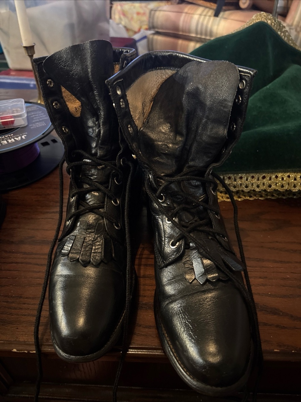 Vintage Justin 506 Black Leather Kiltie Lace Up Roper Cowboy Boots Mens 8.5